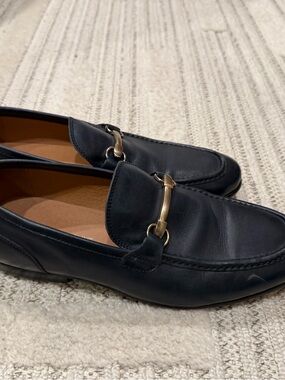 Saks Fifth Avenue Navy Leather Loafers with Gold Bit